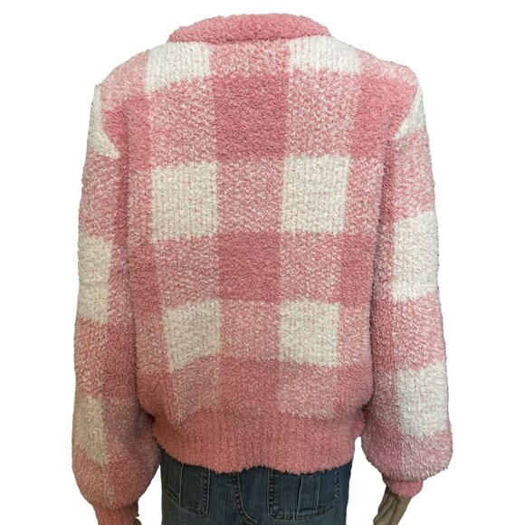 LC Lauren Conrad Plaid Pink White Fuzzy Sweatshirt Size Medium - Picture 3 of 3